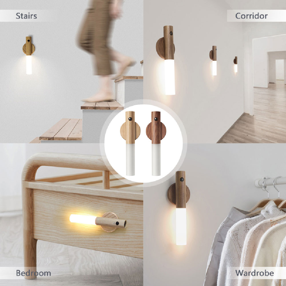 Luminária noturna sem fio de madeira magnética USB LED automática para corredores, varandas e armários. Possui sensor de movimento PIR e é ideal para corredores e varandas.