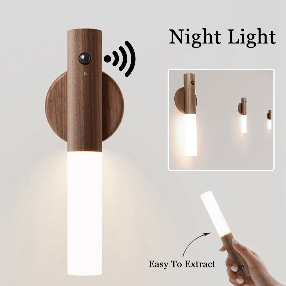 Luminária noturna sem fio de madeira magnética USB LED automática para corredores, varandas e armários. Possui sensor de movimento PIR e é ideal para corredores e varandas.