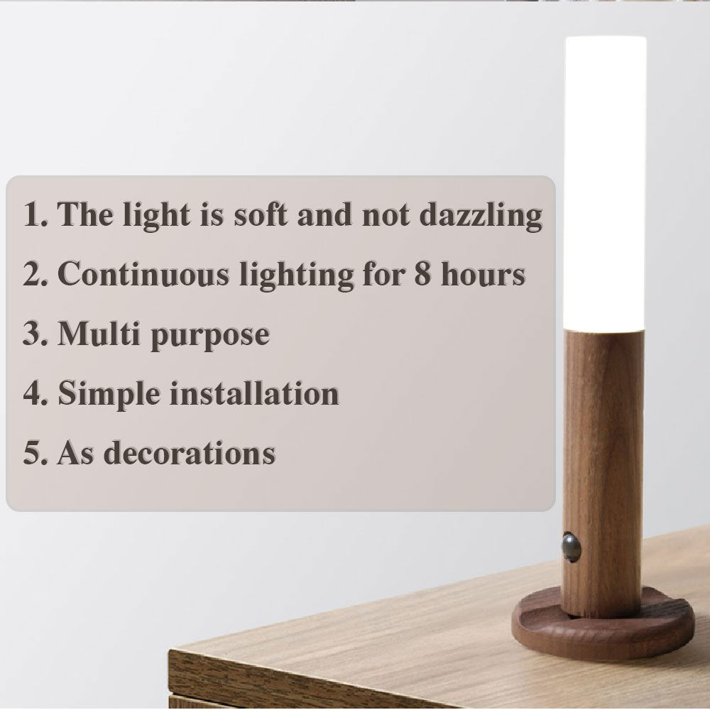 Luminária noturna sem fio de madeira magnética USB LED automática para corredores, varandas e armários. Possui sensor de movimento PIR e é ideal para corredores e varandas.